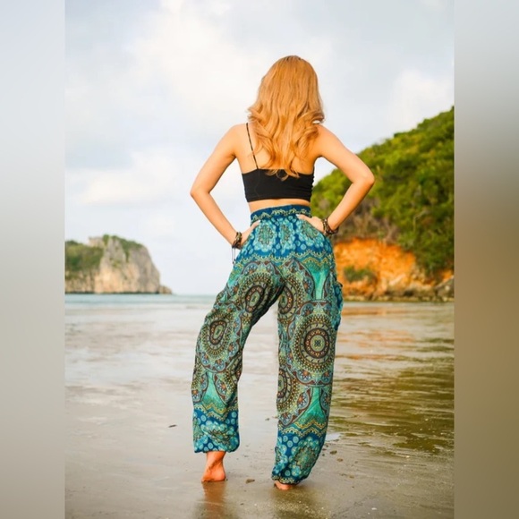 Blue Mandala Boho Smocked Waist Harem Pants Sz L/XL - Picture 11 of 12
